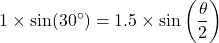 \[1 \times \sin(30^\circ) = 1.5 \times \sin\left(\frac{\theta}{2}\right)\]