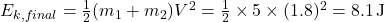 E_{k,final} = \frac{1}{2} (m_1 + m_2) V^2 = \frac{1}{2} \times 5 \times (1.8)^2 = 8.1 \, \text{J}